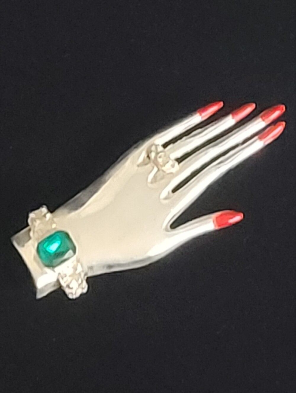 Vtg Silver Tone Hand Brooch Red Enamel Fingernails Cystal Ring Rhinestone Cuff